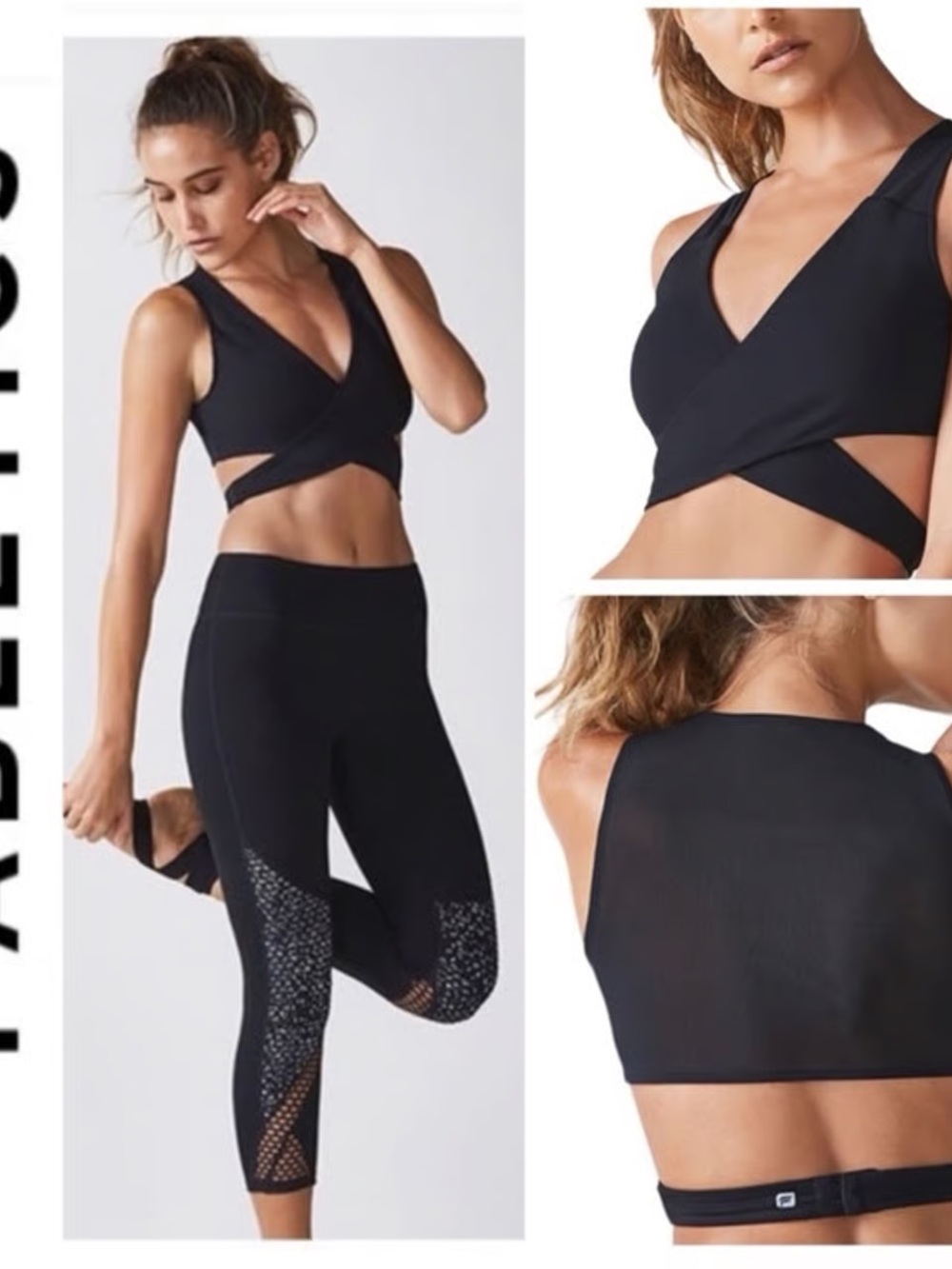 Fabletics adelaide Black crossover mesh back Panel Crop Top Bra size M